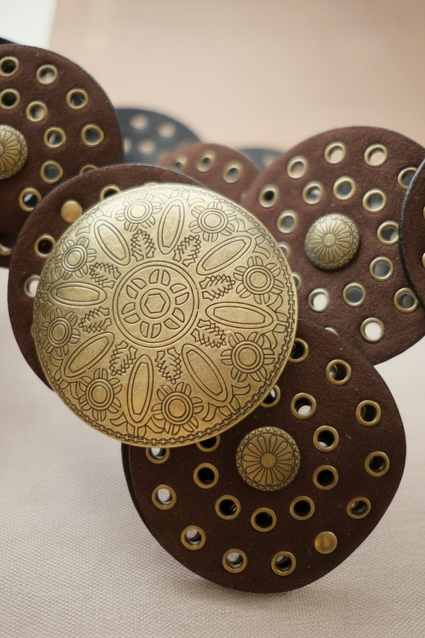 Decorative metal buttons with intricate designs on a white background. Stampede belt