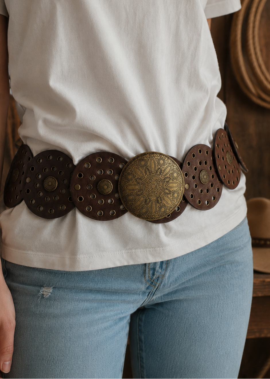 Person wearing a white t-shirt and blue jeans with a decorative brown belt.