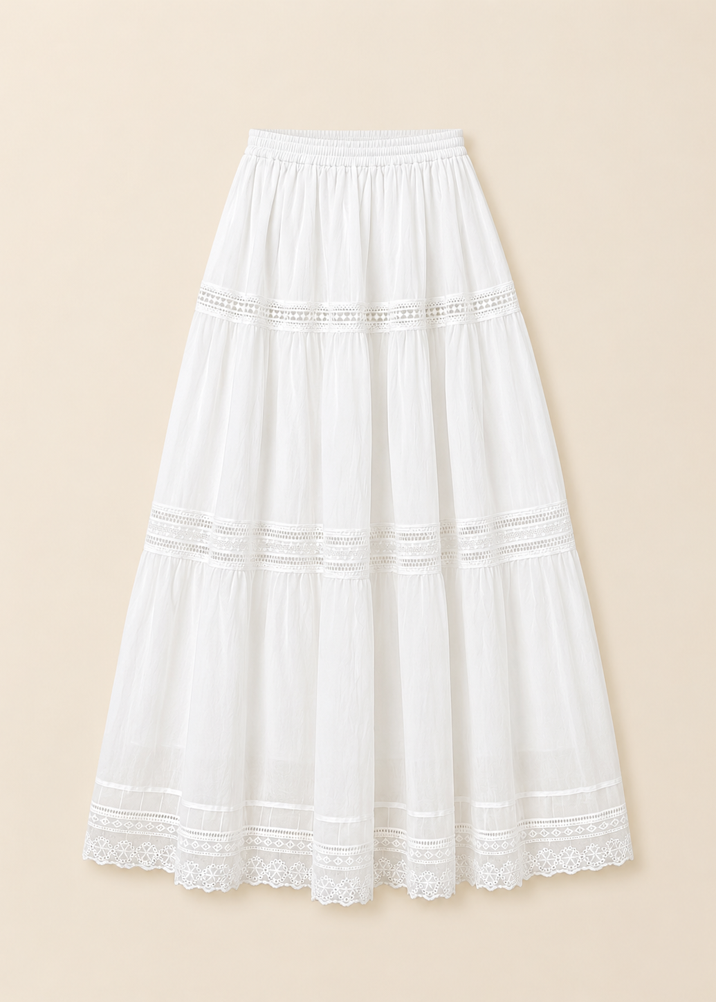 White lace-trimmed skirt on a beige background