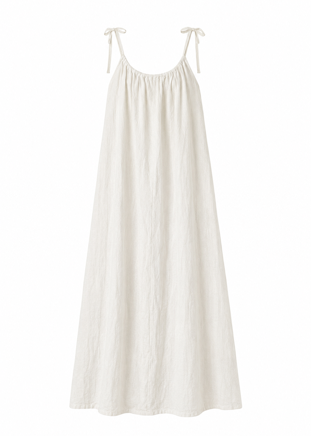 White Linen dress with thin straps on a white background