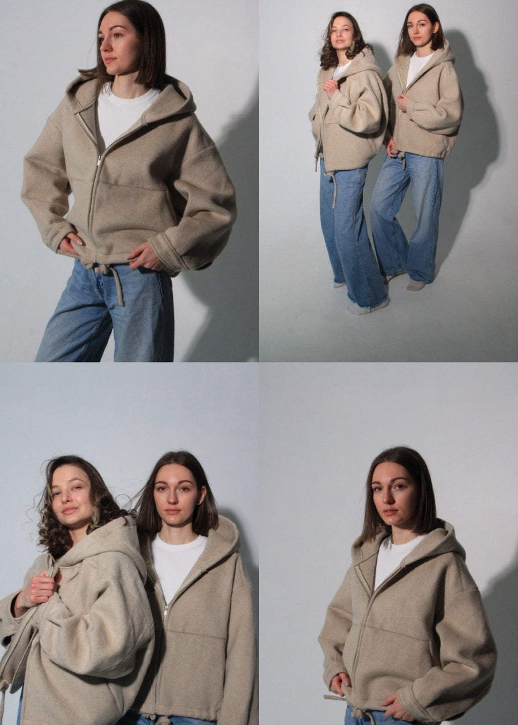 A four-panel collage showing a woman modeling a beige oversized zip-up hoodie with a hood and front pockets, paired with light blue jeans, against a plain light gray studio background.