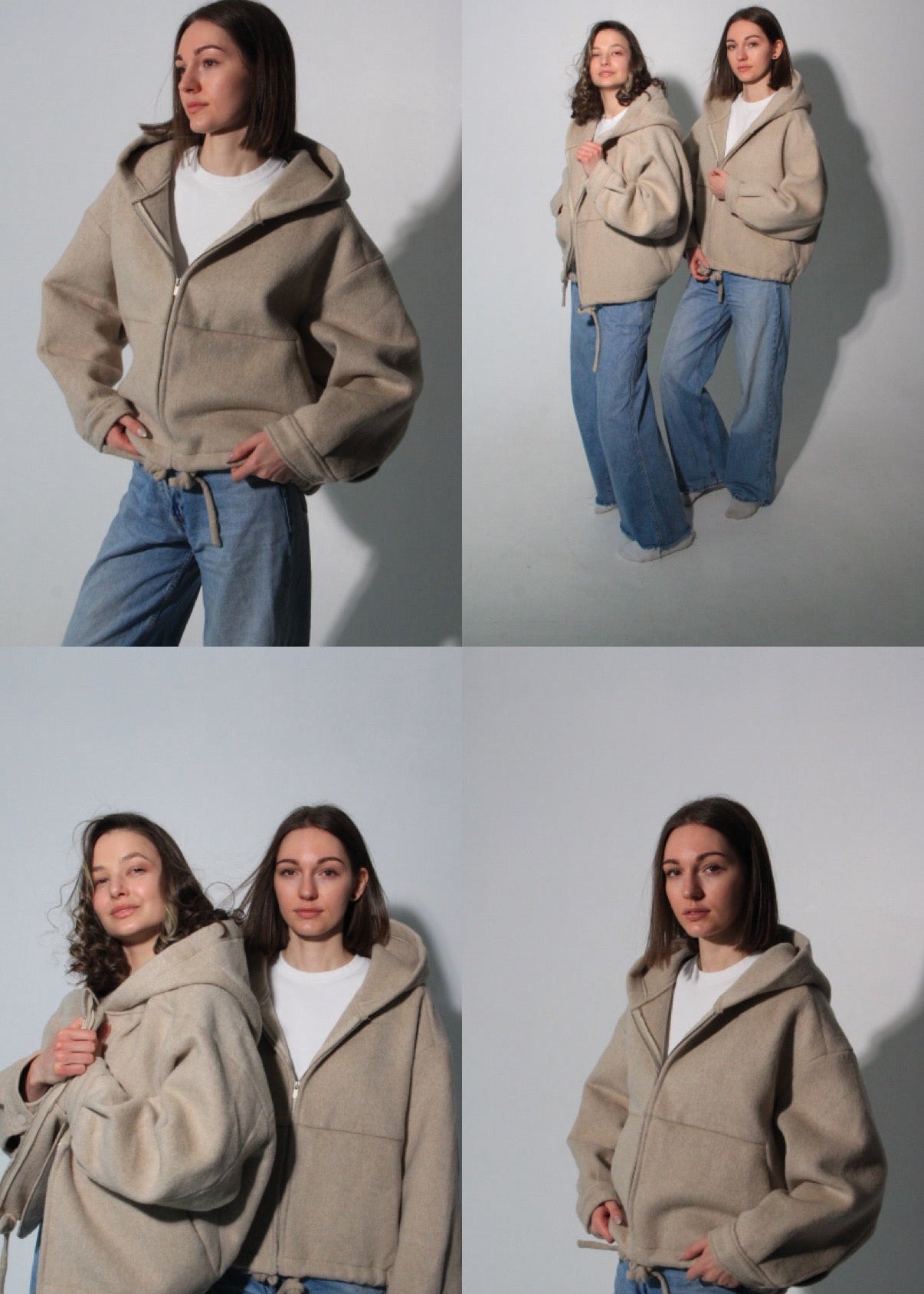 A four-panel collage showing a woman modeling a beige oversized zip-up hoodie with a hood and front pockets, paired with light blue jeans, against a plain light gray studio background.