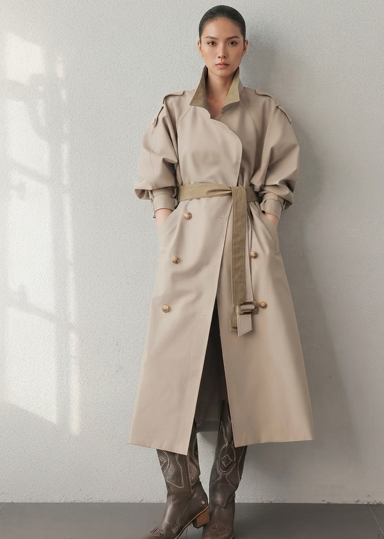 A model stands against a light gray wall wearing a long beige trench coat with a matching waist belt, paired with dark pants and brown boots.