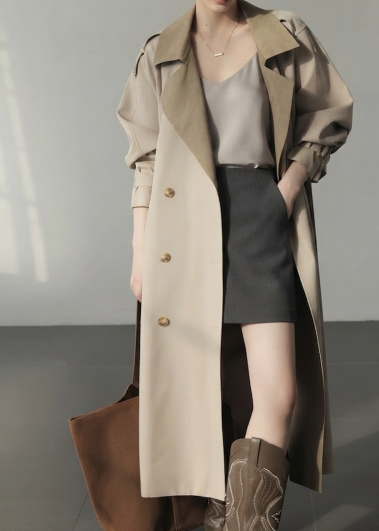 A woman models a long beige trench coat over a gray top and black skirt, holding a brown tote bag in a minimalist studio setting with soft window light.